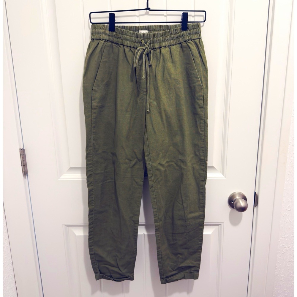 J.CREW Womens Green Linen Cotton Pants Drawstring Elastic Waist Pockets Size 2